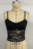 Sexy Solid Color Lace See-Through U Neck Tops