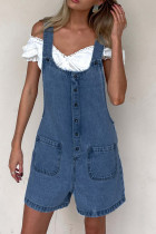 Casual Solid Color Pocket Buttons U Neck Loose Rompers