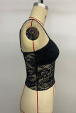 Sexy Solid Color Lace See-Through U Neck Tops