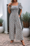 Vacation Flowers Print Pocket Square Neck Loose Jumpsuits