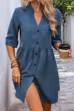 Casual Solid Color Distressed Buttons V Neck A Line Dresses