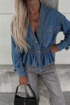 Casual Solid Color Buttons V Neck Long Sleeve Loose Denim Jacket