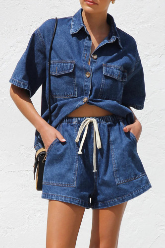 Casual Solid Color Distressed Draw String Pocket Turndown Collar Short Sleeve Two Pieces