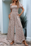 Vacation Flowers Print Pocket Square Neck Loose Jumpsuits