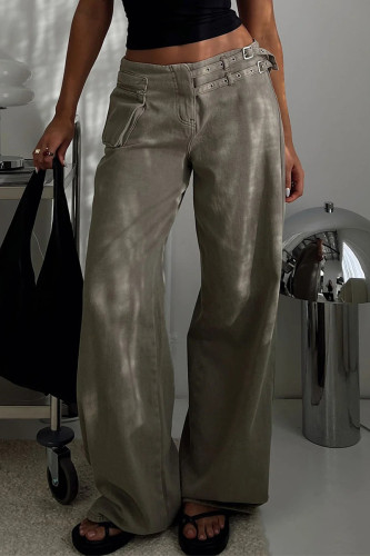 Casual Solid Color Pocket Adjustable Loose Low Waist Straight Solid Color Bottoms