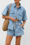 Casual Solid Color Distressed Draw String Pocket Turndown Collar Short Sleeve Two Pieces