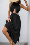 Sexy Vacation Solid Color Patchwork Belted Halter Sleeveless Dresses