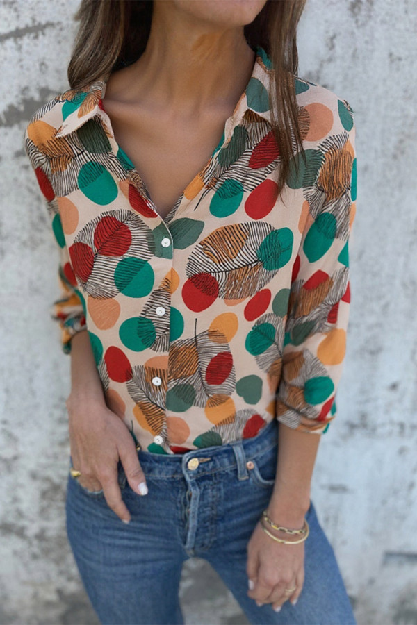 Casual Polka Dot Leaf Print Buttons Contrast Turndown Collar Tops
