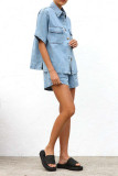 Casual Solid Color Distressed Draw String Pocket Turndown Collar Short Sleeve Two Pieces