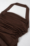 Sexy Solid Color Ruched Irregular Mesh Halter Long Dresses