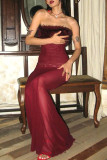 Sexy Solid Color See-Through Feather Trim Strapless Long Dresses