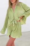 Sexy Solid Color Lace Up Pleated Turndown Collar Long Sleeve Two Pieces