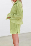 Sexy Solid Color Lace Up Pleated Turndown Collar Long Sleeve Two Pieces