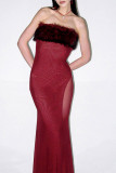 Sexy Solid Color See-Through Feather Trim Strapless Long Dresses