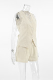 Casual Solid Color Lace Up Buttons V Neck Sleeveless Two Pieces
