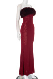 Sexy Solid Color See-Through Feather Trim Strapless Long Dresses