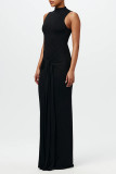 Casual Solid Color Ruched O Neck Long Dresses