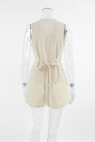 Casual Solid Color Lace Up Buttons V Neck Sleeveless Two Pieces