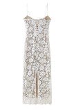 Sexy Solid Color Lace Strap Design V Neck Long Dresses