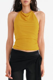 Sexy Solid Color Lace Up Backless Mesh Halter Tops