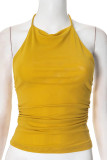 Sexy Solid Color Lace Up Backless Mesh Halter Tops