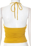 Sexy Solid Color Lace Up Backless Mesh Halter Tops