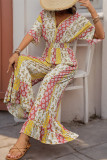 Boho Geometric Print Flowers Flounce Contrast V Neck Loose Jumpsuits