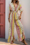 Boho Geometric Print Flowers Flounce Contrast V Neck Loose Jumpsuits