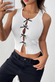 Sexy Solid Color Bow Decor Contrast O Neck Tops