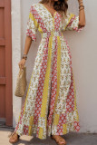 Boho Geometric Print Flowers Flounce Contrast V Neck Loose Jumpsuits