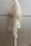 Elegant Solid Color Lace Up Flounce O Neck Long Sleeve Two Pieces