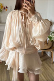 Elegant Solid Color Lace Up Flounce O Neck Long Sleeve Two Pieces