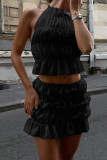 Sexy Solid Color Backless Ruched Adjustable Halter Sleeveless Two Pieces