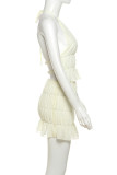 Sexy Solid Color Backless Ruched Adjustable Halter Sleeveless Two Pieces