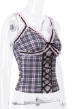 Sexy Plaid Lace Patchwork Contrast V Neck Tops