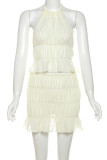 Sexy Solid Color Backless Ruched Adjustable Halter Sleeveless Two Pieces