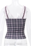 Sexy Plaid Lace Patchwork Contrast V Neck Tops