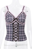 Sexy Plaid Lace Patchwork Contrast V Neck Tops