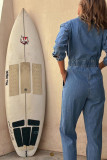 Casual Solid Color Distressed Pocket Buckle O Neck Long Sleeve Regular Denim Jumpsuits