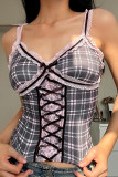 Sexy Plaid Lace Patchwork Contrast V Neck Tops