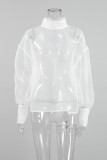 Sexy Solid Color Buttons See-Through Mesh Turtleneck Tops