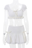 Sexy Solid Color Bow Decor Square Neck Short Sleeve Two Pieces