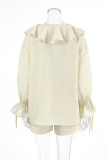Casual Solid Color Lace Up Flounce V Neck Long Sleeve Two Pieces