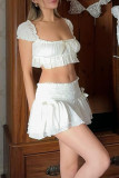 Sexy Solid Color Bow Decor Square Neck Short Sleeve Two Pieces