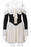 Sexy Solid Color Backless Contrast Off Shoulder Waist Skirt Dresses