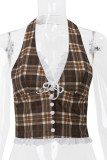 Sexy Plaid Patchwork Backless Halter Tops