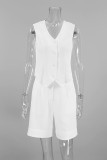 Street Solid Color Buttons Ruched V Neck Sleeveless Two Pieces