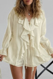 Casual Solid Color Lace Up Flounce V Neck Long Sleeve Two Pieces
