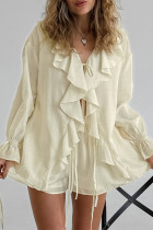 Casual Solid Color Lace Up Flounce V Neck Long Sleeve Two Pieces