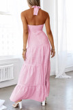 Casual Solid Color Jacquard Lace Up Halter Long Dresses